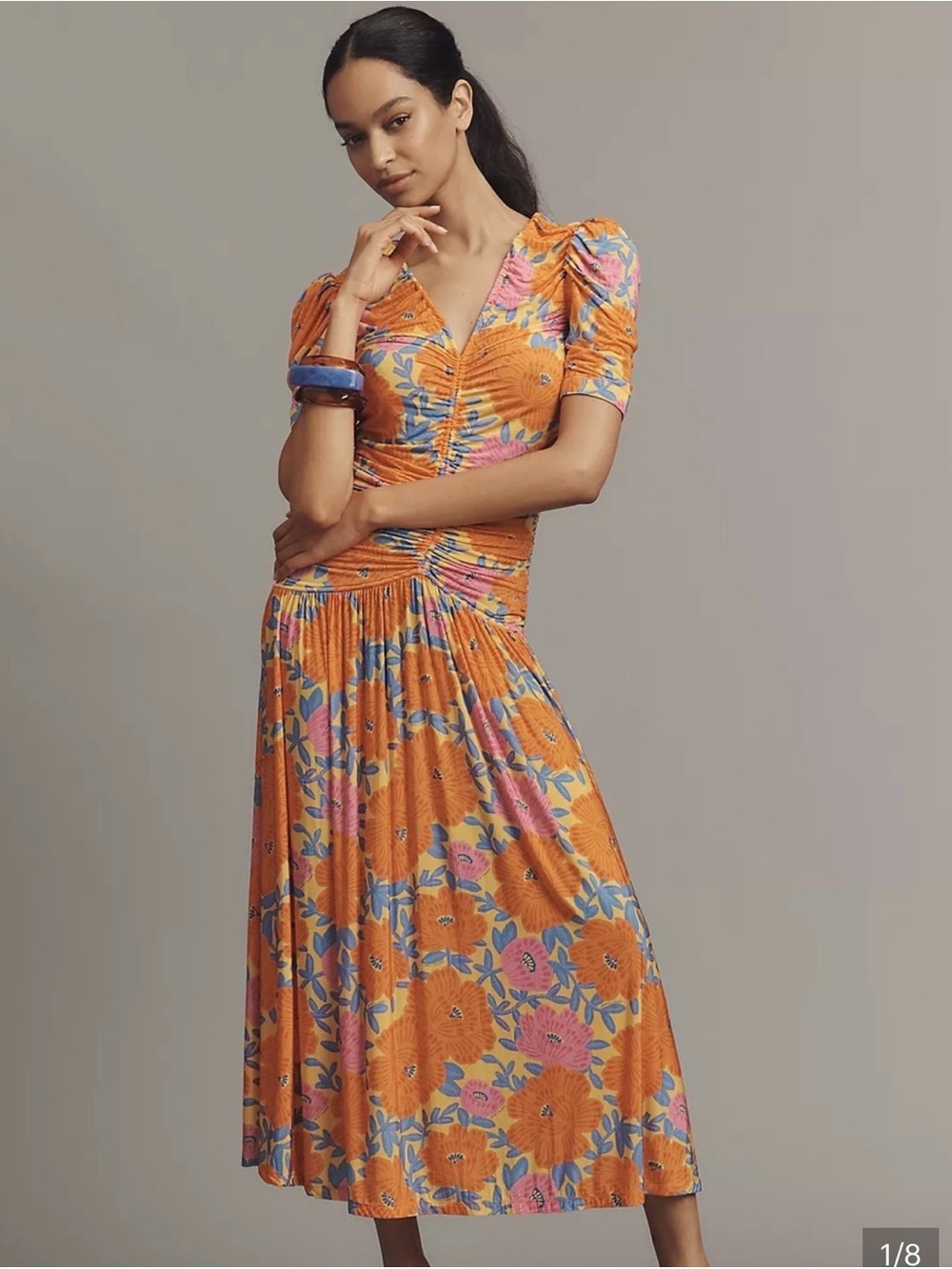 Farm Rio x Anthropologie Short-Sleeve V-Neck Ruched Midi Dress XS